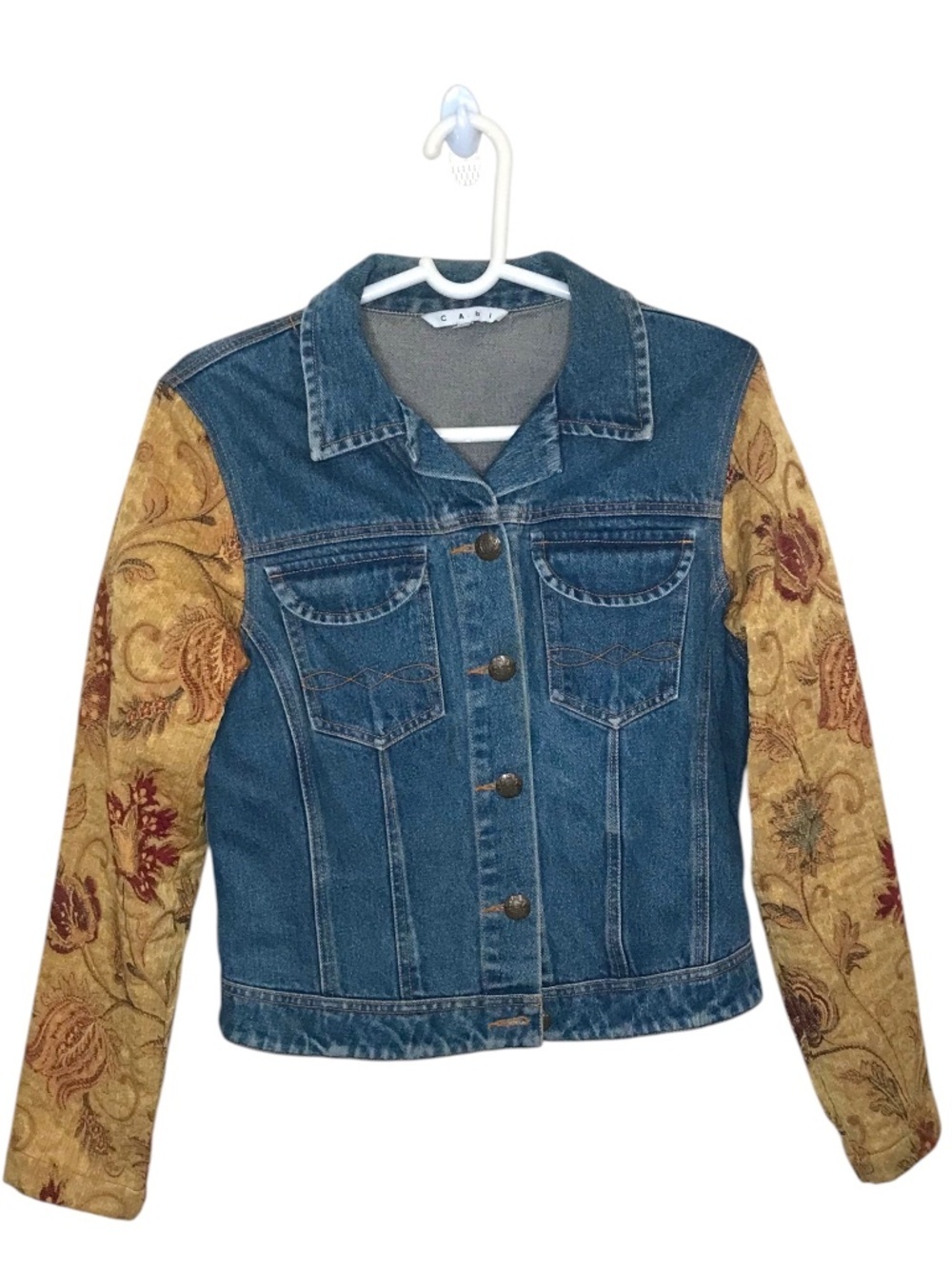 CAbi Denim Jacket Paisley Tapestry Sleeve Jacket Small Boho Western